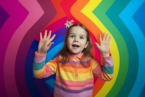 Girl holds hands on colorful background. Generate ai photo
