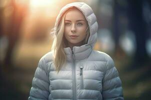 Female model in white jacket with hood. Generate ai photo