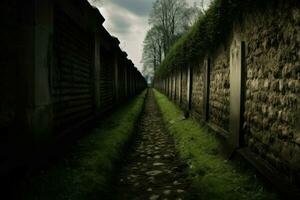 Cemetery path trough high stone walls. Generate ai photo