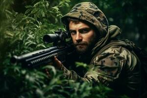 hombre vistiendo camuflaje y puntería con caza rifle en verde césped. generar ai foto