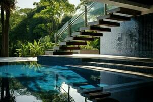 Modern swimming pool with stairs with tropical trees. Generate Ai photo