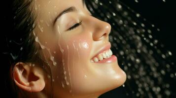 Close-up of a smiling woman's face as water droplets splash on her.. Generative AI photo