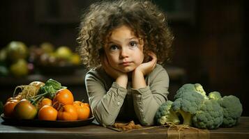 un pequeño niña reflexionando en medio de un vegetal desparramar. generativo ai foto