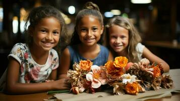 Three multi-ethnic girls holding paper flowers, smiling.. Generative AI photo