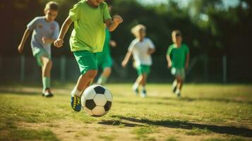 Children playing soccer on a sunny day.. Generative AI photo