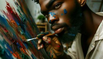 un de cerca de un masculino artista de africano descendencia, participación un cepillo y aplicando vibrante golpes de pintar en un lienzo.. generativo ai foto