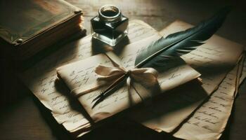 Vintage handwritten letters tied with a ribbon, placed next to an old quill and ink pot.. Generative AI photo