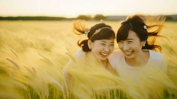 dos joven asiático muchachas teniendo divertido en el campo. generativo ai foto