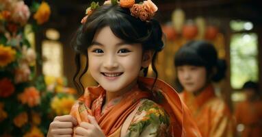 Asian little girls dressed in traditional clothes kimono. Generative AI photo