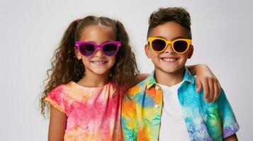 dos pequeño Niños y muchachas vistiendo vistoso lentes. generativo ai foto