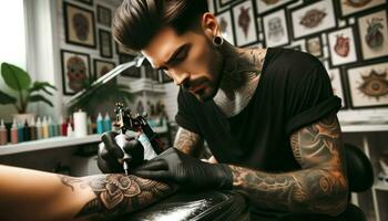 un hombre recepción un tatuaje desde un artista.. generativo ai foto
