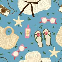 Summer items, accessories vector seamless pattern. Sunglasses, sunscreen, straw hat, beach bag, starfish, camera, slippers texture