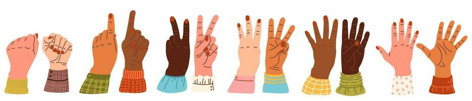 Hands count, counting on the fingers Hand gesture vector illustration isolated. Numbers on the hands. Hand smudge. different nationalities races Diverse society Cartoon style