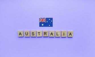 enero 26, Australia día, bandera de Australia, minimalista bandera con el inscripción en de madera letras foto