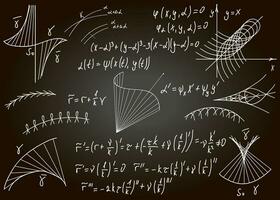 Mathematical formulas drawn by hand on the black chalkboard for the background. Vector illustration.