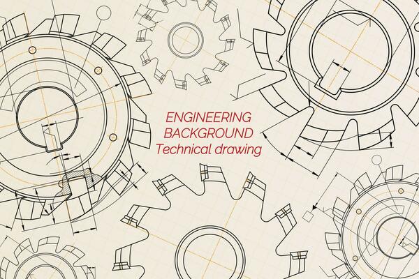 Mechanical engineering drawings on beige technical paper background. Cutting tools, milling cutter. Industrial Design. Cover. Blueprint. Business business. Vector illustration.