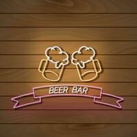 Beer bar neon light banner on a wooden wall. Orange and pink sign. Decorative realistic retro element for web design vector