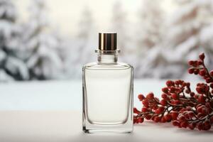 AI generative. Perfume bottle with pine cones on the background of winter forest photo