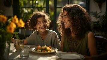 AI Generative. Mother and son having dinner in a restaurant. Mother and daughter smiling and looking at each other. photo