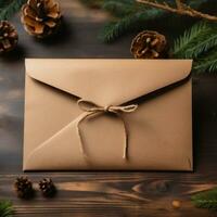 AI generative. Envelope with christmas decoration on wooden background, closeup photo