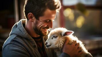 AI generative. A young man with a beard and a sheep in his arms. photo