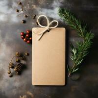 AI generative. Blank paper price tag with christmas decoration on rustic wooden background photo