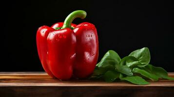 AI generative. Red bell pepper with basil leaves on wooden table. Black background. photo