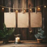 AI generative. Mockup of three blank paper sheets on rustic wooden background with christmas decoration photo
