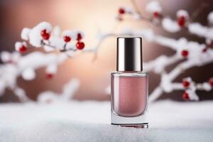 AI generative. Nail polish bottle with christmas decoration on bokeh background photo