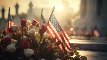 ai generativo. americano bandera y rosas en un tumba a puesta de sol. monumento día concepto. foto