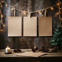 AI generative. Mockup of three blank paper sheets on rustic wooden background with christmas decoration photo