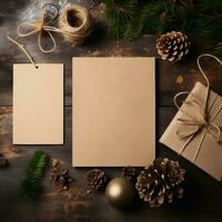 ai generativo. blanco saludo tarjetas en de madera mesa con Navidad árbol y luces foto