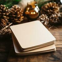 AI generative. Blank Christmas coasters mockup on a wooden table with christmas decorations photo