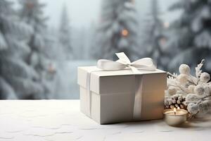 ai generativo. blanco regalo caja en nieve en contra borroso Navidad luces, espacio para texto foto