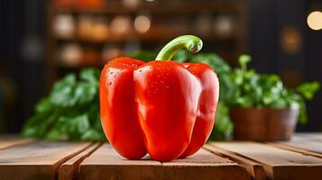 AI generative. Fresh bell pepper with basil leaves on a wooden table in the kitchen photo