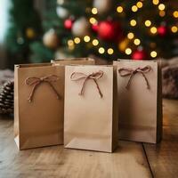 AI generative. Christmas shopping bags on wooden table in front of christmas tree photo