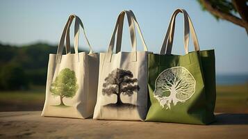 AI generative. Eco friendly shopping bags on nature background. Zero waste concept. photo