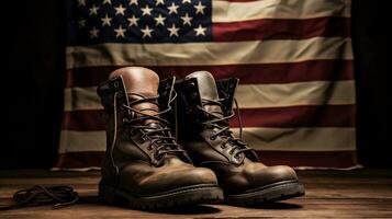 ai generativo. par de cuero botas en un de madera mesa en contra el antecedentes de el americano bandera foto