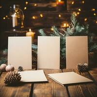 ai generativo. blanco saludo tarjetas en de madera mesa con Navidad árbol y luces foto