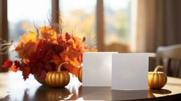 ai generativo. blanco saludo tarjeta con otoño hojas y calabazas en el mesa foto