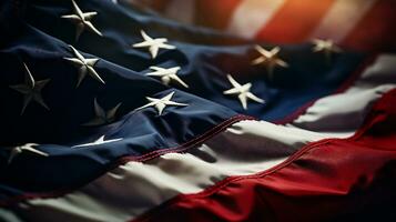 AI generative. Closeup of rippled American flag, shallow depth of field photo