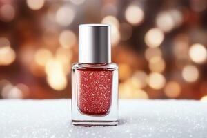 AI generative. Nail polish bottle with christmas decoration on bokeh background photo