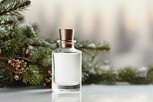 AI generative. Perfume bottle with pine cones on the background of winter forest photo