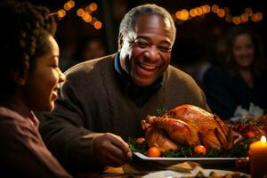 ai generativo. contento familia teniendo acción de gracias cena juntos a hogar. sonriente africano americano hombre participación asado Turquía en lámina. foto