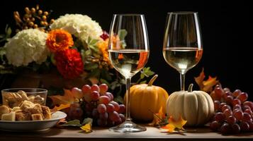 AI Generative. Festive table setting with pumpkins, candles, wine glasses and autumn decor photo