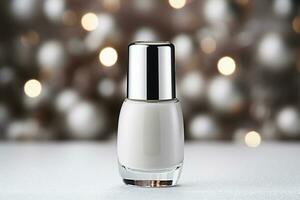 AI generative. Nail polish bottle with christmas decoration on bokeh background photo