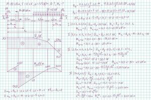Strength of materials formulas drawn by hand on a notebook page for the background. Vector illustration.
