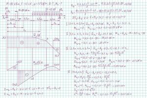 Strength of materials formulas drawn by hand on a notebook page for the background. Vector illustration.