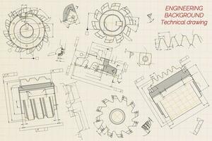 Mechanical engineering drawings on beige technical paper background. Cutting tools, milling cutter. Industrial Design. Cover. Blueprint. Business business. Vector illustration.