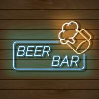 Beer bar neon light banner on a wooden wall. Blue and orange sign. Decorative realistic retro element for web design vector